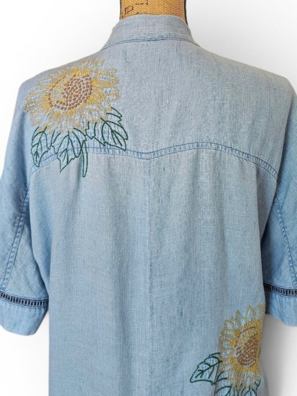 Billy T Sunflower Embroidered Chambray Open-Front Boho Kimono Jacket, Size XS - Picture 6 of 8